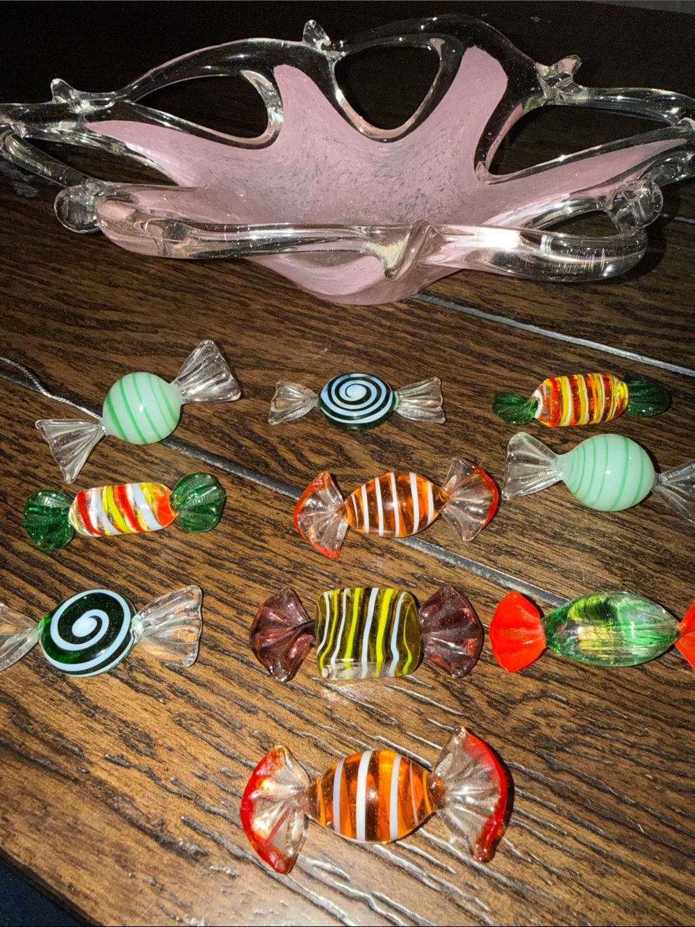 Pink Glass Candy Dish with Assorted Colorful Glass Candy Decorations
